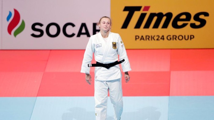 TOKYO, JAPAN - AUGUST 28: Martyna Trajdos of Germany reacts after her default victory in the Womens -63kg bronze medal bout against Tina Trstenjak of Slovenia on day four of the World Judo Championships at the Nippon Budokan on August 28, 2019 in Tokyo, Japan. (Photo by Kiyoshi Ota/Getty Images)