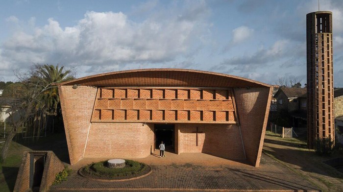 View of the quire of the Church of Christ the Worker and Our Lady of Lourdes in Estacion Atlantida, Uruguay, Monday, July 26, 2021. The church that was created in 1958 by Uruguayan Engineer Eladio Dieste is being considered by UNESCO to be declared a humanity cultural heritage site. (AP Photo/Matilde Campodonico)