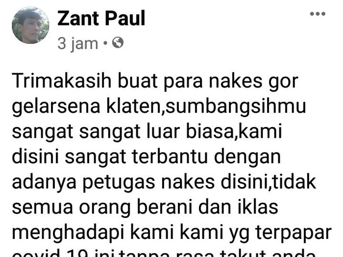 Postingan pasien isolasi COVID tentang nakes di GOR Gelarsena Klaten