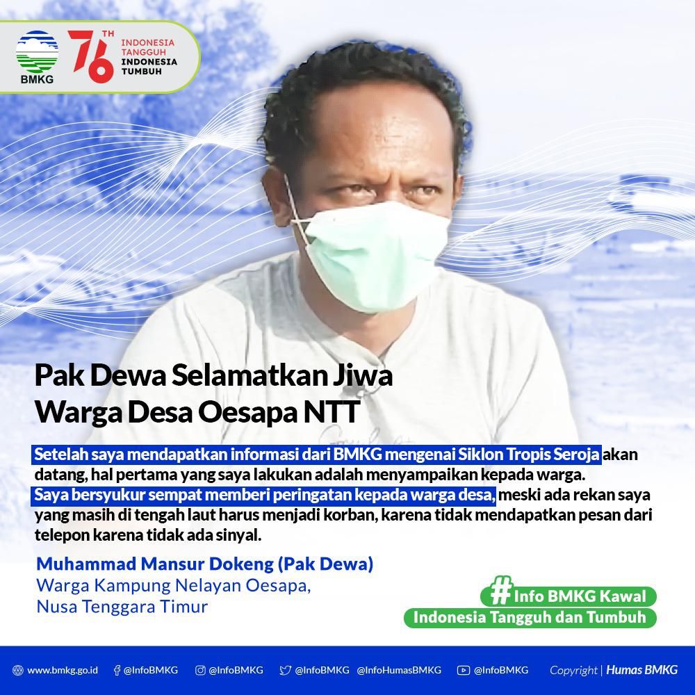 Seorang nelayan di NTT diberi Anugerah BMKG karena dinilai telah membantu menyelamatkan warga desa saat terjadi Siklon Tropis Seroja. Nelayan tersebut bernama Muhammad Mansur Dongkeng yang akrab disapa Dewa (dok BMKG)