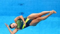 Ekspresi sangat serius tampak terlihat dari raut wajah atlet lompat indah putri asal Australia Anabelle Smith.( Maddie Meyer/Getty Images)