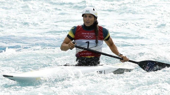 TOKYO, JAPAN - JULY 29: Jessica Fox of Team Australia reacts after her run in the Womens Canoe Slalom Final on day six of the Tokyo 2020 Olympic Games at Kasai Canoe Slalom Centre on July 29, 2021 in Tokyo, Japan. (Photo by Adam Pretty/Getty Images)