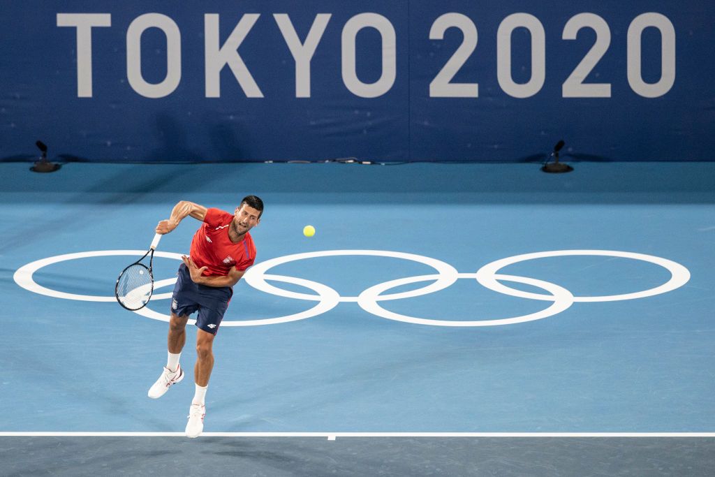 TOKYO, JAPAN - JULY 21: Novak Djokovic of team Serbia trains in Ariake Tennis Park ahead of the Tokyo 2020 Olympic Games on July 21, 2021 in Tokyo, Japan. (Photo by Maja Hitij/Getty Images)