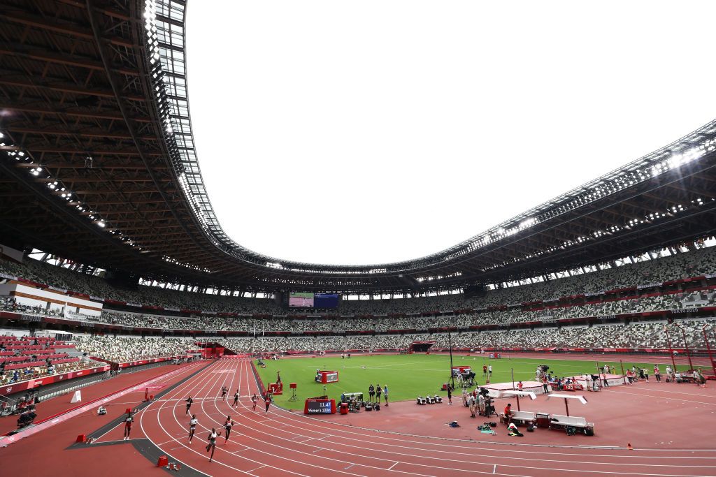 TOKYO, JAPAN - JULY 24: A general view of the Beach Volleyball arena as Anouk Verge-Depre and Joana Heidrich  of Team Switzerland take on Julia Sude and Karla Borger of Team Germany on day one of the Tokyo 2020 Olympic Games at Shiokaze Park on July 24, 2021 in Tokyo, Japan. (Photo by Leon Neal/Getty Images)