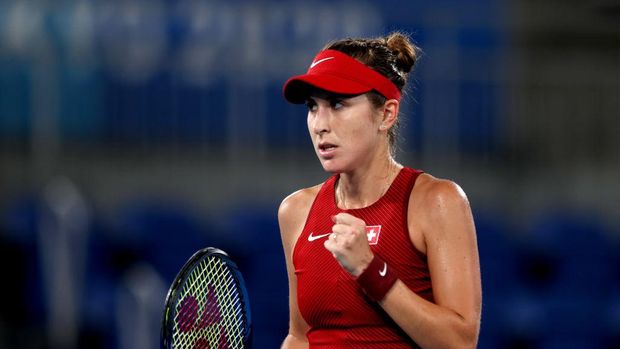 TOKYO, JAPAN - JULY 31: Belinda Bencic of Team Switzerland celebrates a point during her Women's Singles Gold Medal match against Marketa Vondrousova of Team Czech Republic on day eight of the Tokyo 2020 Olympic Games at Ariake Tennis Park on July 31, 2021 in Tokyo, Japan. (Photo by Naomi Baker/Getty Images)