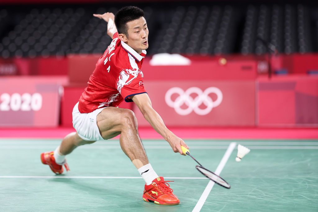 CHOFU, JAPAN - JULY 31: Chen Long of Team China competes against Chou Tien-chen of Team Chinese Taipei during a Men's Singles Quarterfinal match on day eight of the Tokyo 2020 Olympic Games at Musashino Forest Sport Plaza on July 31, 2021 in Chofu, Tokyo, Japan. (Photo by Lintao Zhang/Getty Images)