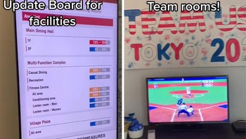 Terdapat papan pengumuman yang informatif tentang situasi di kampung Olimpiade. Sementara kamar setiap negara dihiasi dengan ornamen sesuai negara tersebut. Foto: Instagram