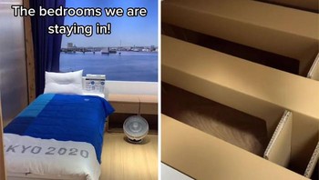 Ranjang di kampung atlet terbuat dari kardus, namun menurut Cody cukup kuat. Bahkan melompat di atasnya pun tidak rusak. Foto: Instagram