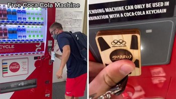 Hal menyenangkan lain di kampung Olimpiade adalah minuman soda gratis di vending machine cukup dengan kartu khusus yang diberikan. Foto: Instagram