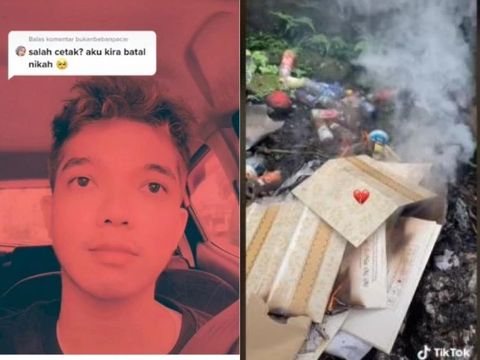 Pria yang membakar kartu undangan pernikahan.