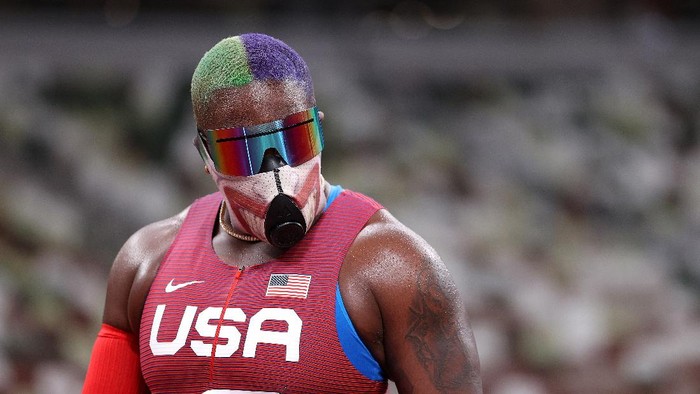 TOKYO, JAPAN - JULY 30: Raven Saunders of Team United States looks on in the Women's Shot Put on day seven of the Tokyo 2020 Olympic Games at Olympic Stadium on July 30, 2021 in Tokyo, Japan. (Photo by Patrick Smith/Getty Images)