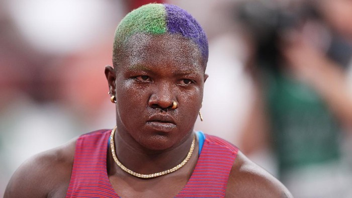 TOKYO, JAPAN - JULY 30: Raven Saunders of Team United States competes in the Women's Shot Put Qualification on day seven of the Tokyo 2020 Olympic Games at Olympic Stadium on July 30, 2021 in Tokyo, Japan. (Photo by Patrick Smith/Getty Images)