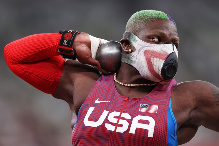 TOKYO, JAPAN - JULY 30: Raven Saunders of Team United States competes in the Womens Shot Put Qualification on day seven of the Tokyo 2020 Olympic Games at Olympic Stadium on July 30, 2021 in Tokyo, Japan. (Photo by Patrick Smith/Getty Images)