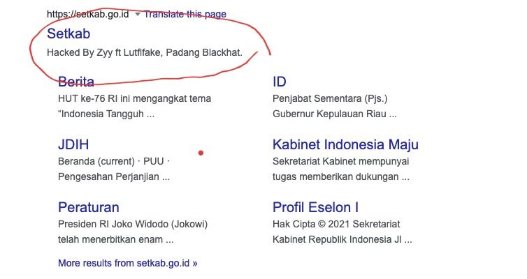 Situs Setkab RI diretas, 31 Juli 2021. (Tangkapan layar Google)