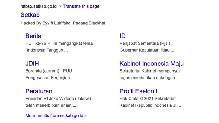 Situs Setkab RI diretas, 31 Juli. (Tangkapan layar Google)