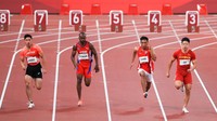 Zohri start di lane kelima dalam perlombaan ini. Ia berada di samping Su Bingtian, peraih emas Asian Games Jakarta-Palembang 2018 nomor 100 meter putra, yang menempati lane 4. ANTARA FOTO/NOC Indonesia/Naif Alas/Handout