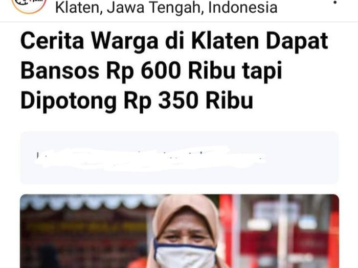 Tangkapan layar berita pemotongan bansos di Klaten.