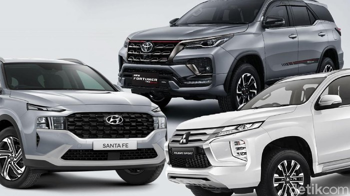 Ilustrasi Hyundai Santa Fe 2021 vs Toyota Fortuner vs Mitsubishi Pajero Sport