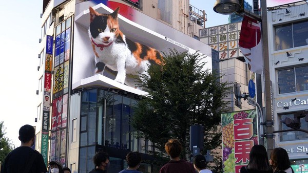 Sejumlah orang berjalan di dekat tampilan iklan video 3d seekor kucing raksasa di kawasan distrik perbelanjaan terkenal Shinjuku, Tokyo, Minggu (1/8/2021). 