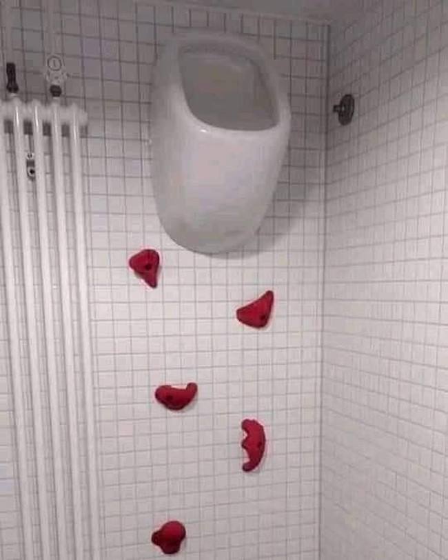 Kayaknya orang yang membuat desain toilet ini mungkin terlalu mencintai panjat tebing. Alhasil toiletnya jadi dibuat ekstrem, ada unsur panjat tebingnya. Foto: Instagram/@sukijan.id