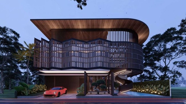 Begini tampak depan calon rumah baru Ayu Ting Ting berdasarkan desain konsep yang dibuat oleh konsultan arsiteknya, Angkasa Architects. Terlihat rumah tersebut hadir dengan arsitektur yang modern dalam permainan garis desain geometris nan unik.  (Foto: Instagram/@angkasaarchitects)