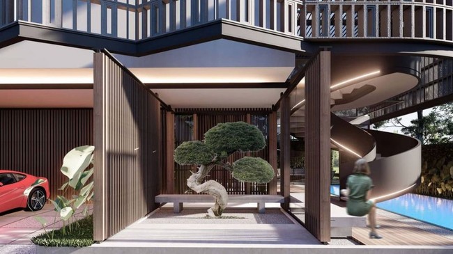 Di bagian depan rumah, terdapat sebuah taman mungil bergaya zen ala Jepang. (Foto: Instagram/@angkasaarchitects)