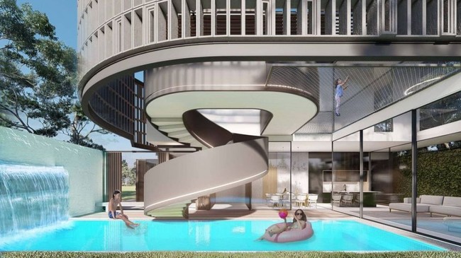 Tangga yang menghubungkan lantai dasar ke lantai dua seperti berada di tengah kolam.  (Foto: Instagram/@angkasaarchitects)