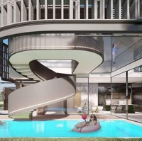 Tangga yang menghubungkan lantai dasar ke lantai dua seperti berada di tengah kolam.  (Foto: Instagram/@angkasaarchitects)