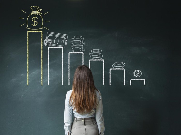 Business woman standing in front of a blackboard with a financial chart