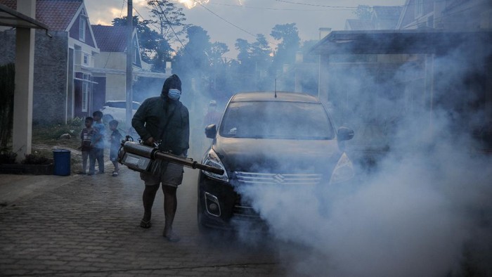 KASUS DBD DI JAWA BARAT TERTINGGI DI INDONESIA Anggota Karang Taruna melakukan pengasapan atau