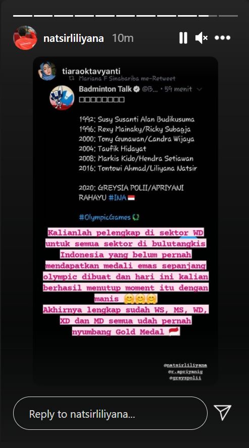 Liliyana Natsir merespons sukses Greysia/Apriyani di Olimpiade Tokyo 2020.