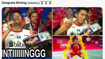 Ini meme modifikasi dari meme Ginting Super Saiya. Ternyata ada Jonatan Christie memberi semangat dengan menabuh kaleng biskuit. Ginting pun jadi Super Saiya. Foto: (Twitter)