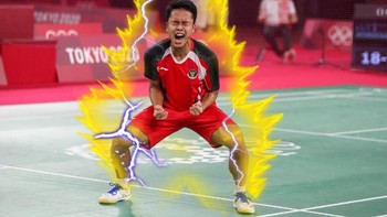 Ekspresi Anthony Ginting meluapkan emosinya, ibaratnya Son Go Kou dari komik Dragon Ball berubah menjadi Super Saiya. Meme ini paling banyak di-share netizen Foto: (Twitter)