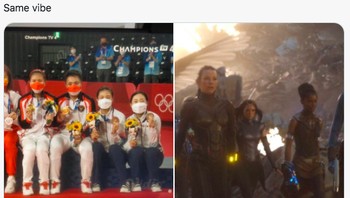 Meme superhero perempuan Marvel memang pas disandingkan dengan para peraih podium Olimpiade Tokyo. Foto: (Twitter)