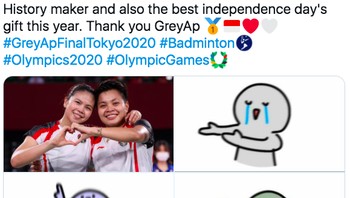 Meme terima kasih dari netizen Indonesia untuk Greysia/Apriyani. Foto: (Twitter)