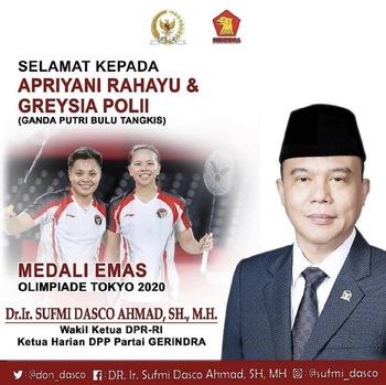 Poster Sufmi Dasco Ahmad ucapkan selamat ke Greysia/Apriyani