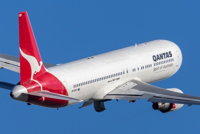 Sydney, Australia - May 5, 2014: Qantas Boeing 767 airliner taking off from Sydney Airport.