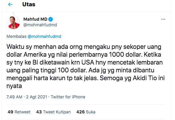 Akun Twitter, @mohmahfudmd
