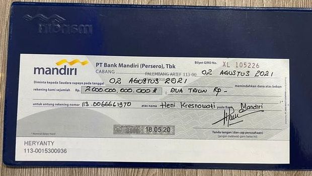 Bilyet giro untuk sumbangan penanganan COVID-19 dari keluarga Akidi Tio (dok Istimewa)