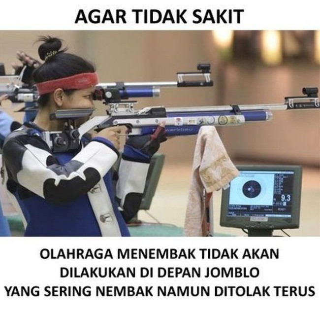 Untungnya kalau di olimpiade nembaknya bukan nembak gebetan. Jadi kan nggak ada kemungkinan untuk ditolak. Buat yang masih jomblo dan langganan ditolak, yang sabar yaa.. Foto: instagram.com/andumhumor