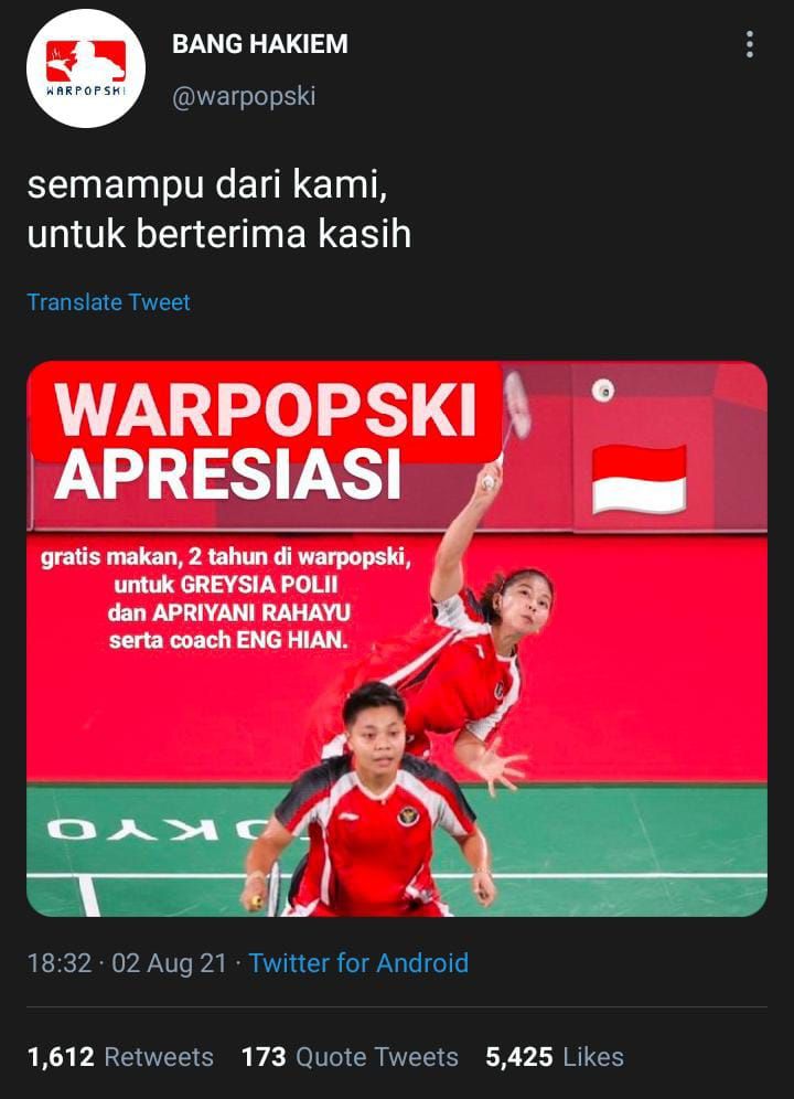 Hadiah Bisnis Kuliner untuk Greysia Polii/Apriyani Rahayu