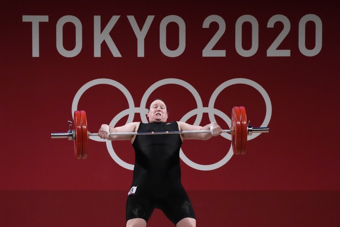 Laurel Hubbard of New Zealand competes in the womens +87kg weightlifting event at the 2020 Summer Olympics, Monday, Aug. 2, 2021, in Tokyo, Japan. (AP Photo/Luca Bruno)