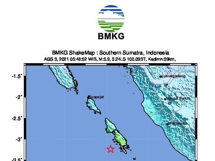 Peta gempa M 5,9 di Mukomuko, Bengkulu dekat Mentawai, Sumbar pagi ini