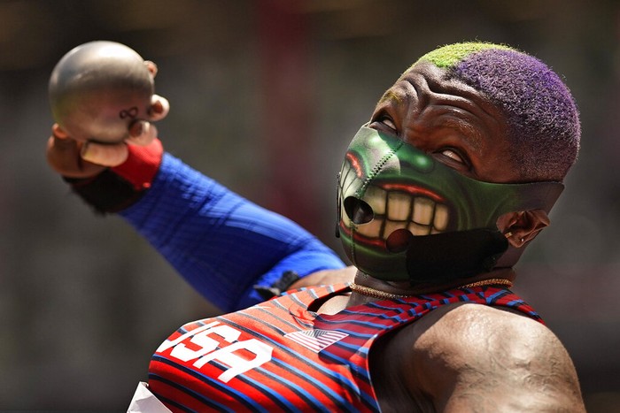 Raven Saunders, of the United States, competes in the final of the women's shot put at the 2020 Summer Olympics, Sunday, Aug. 1, 2021, in Tokyo. (AP Photo/David J. Phillip)