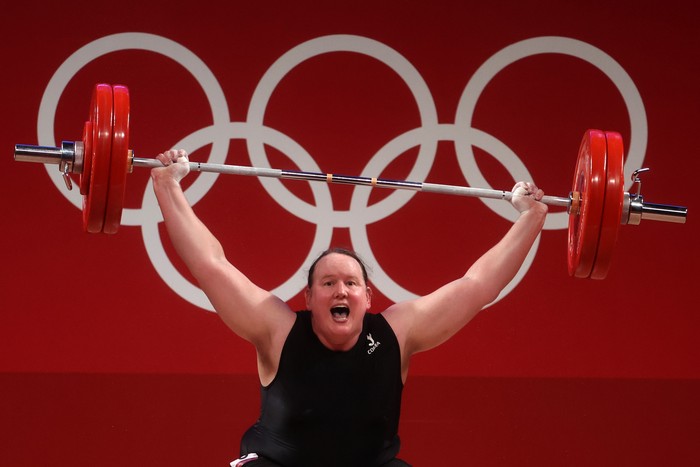 Laurel Hubbard of New Zealand competes in the women's +87kg weightlifting event at the 2020 Summer Olympics, Monday, Aug. 2, 2021, in Tokyo, Japan. (AP Photo/Luca Bruno)