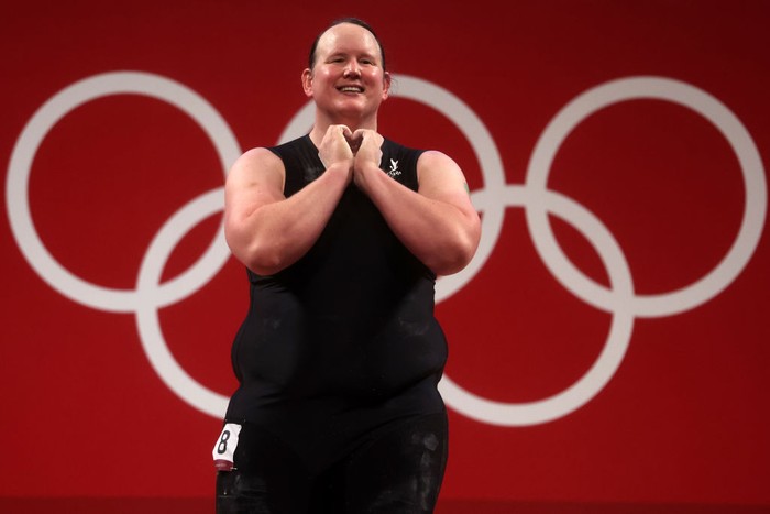 Laurel Hubbard of New Zealand competes in the women's +87kg weightlifting event at the 2020 Summer Olympics, Monday, Aug. 2, 2021, in Tokyo, Japan. (AP Photo/Luca Bruno)