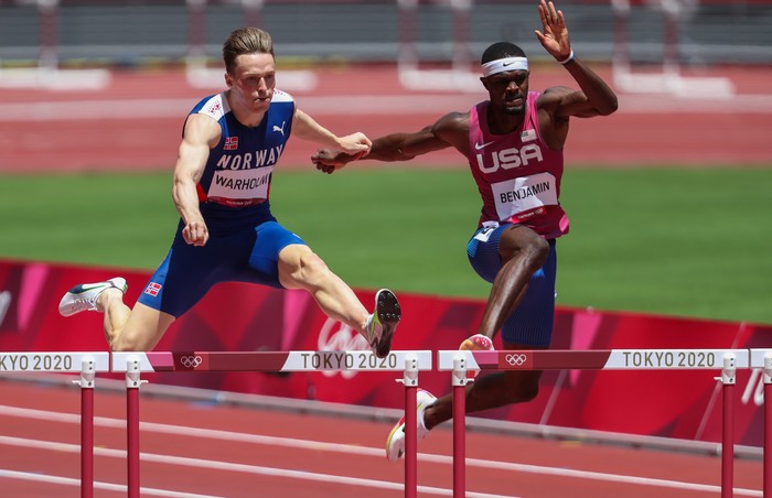 1234417801 TOKYO, JAPAN - AUGUST 03: Karsten Warholm of Team Norway ran a new world and Olympic record of 45.94 seconds in the mens 400m hurdles during the Athletics event on Day 11 of the Tokyo 2020 Olympic Games at the Olympic Stadium on August 03, 2021 Tokyo, Japan. (Photo by Roger Sedres/Gallo Images)