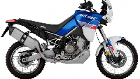 Dari segi eksterior, Aprilia Tuareg 660 hadir dengan warna biru kombinasi putih dengan sedikit aksen merah. Desain headlamp motor ini cukup sangar, dengan bentuk segita disertai lampu DRL (Day Running Light). Dan tentunya sudah dibekali windscreen, lever guard, pelek jari-jari, ban dual purpose, termasuk skidplate untuk melindungi area bak mesin. Foto: Aprilia