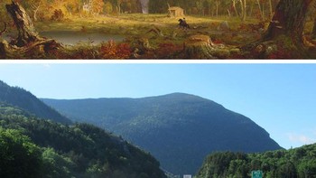 Pemandangan gunung yang disebut Crawford Notch. Lukisan tahun 1839 vs foto 2019. Foto: Brightside