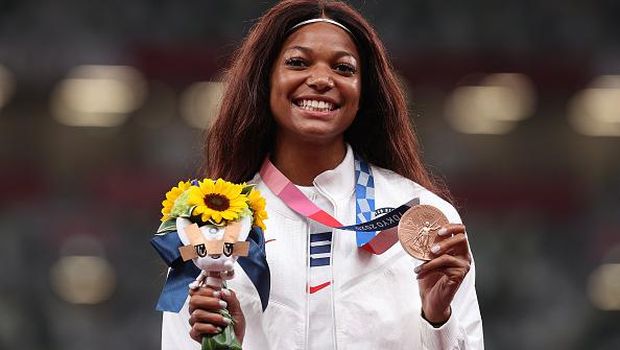 TOKYO, JAPAN - AUGUST 04:  Bronze medalist Gabrielle Thomas of Team United States looks on during the medal ceremony for the Women's 200m Final on day twelve of the Tokyo 2020 Olympic Games at Olympic Stadium on August 04, 2021 in Tokyo, Japan. (Photo by Christian Petersen/Getty Images)